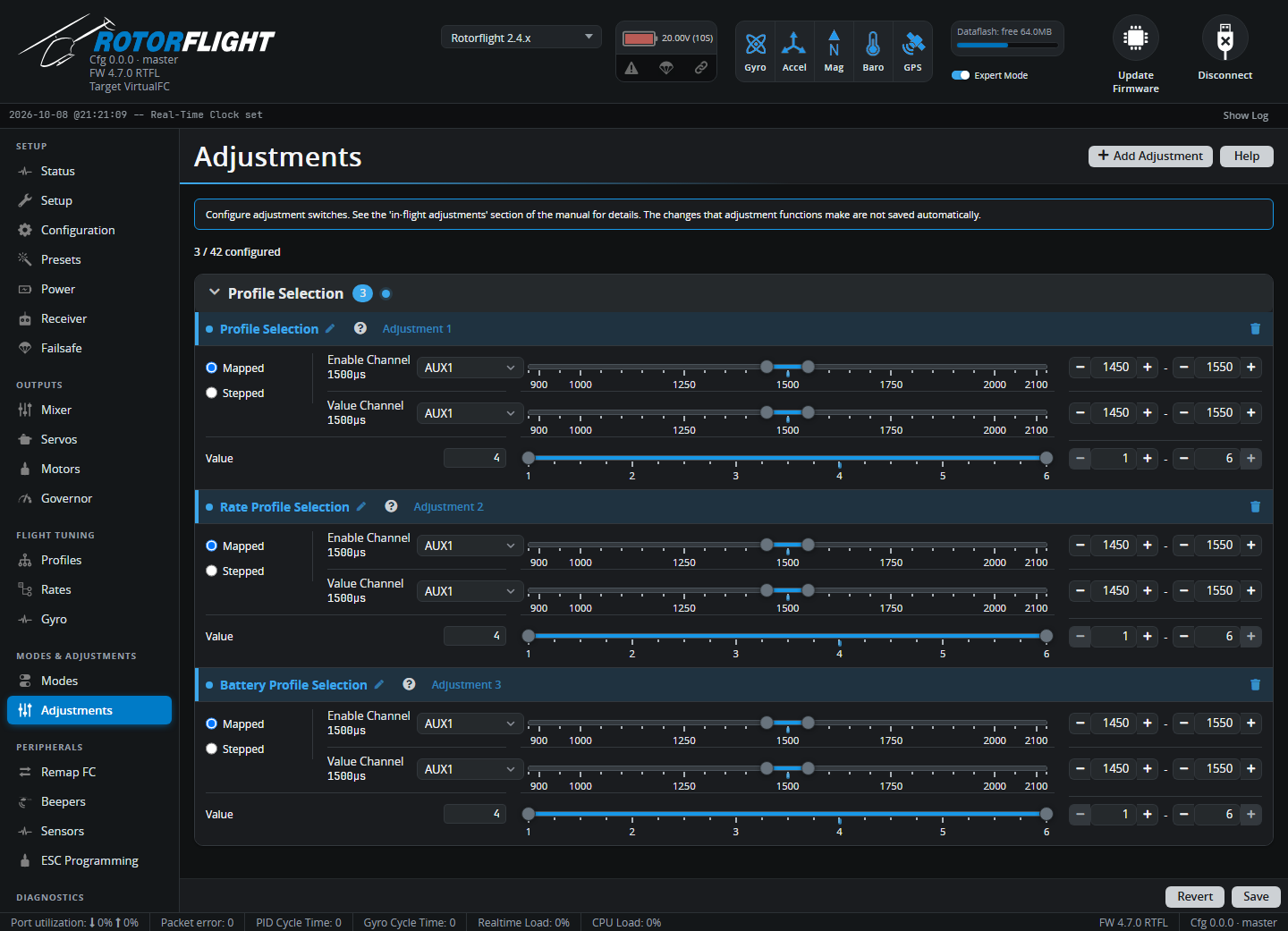 Adjustments tab, with three profile selection adjustments