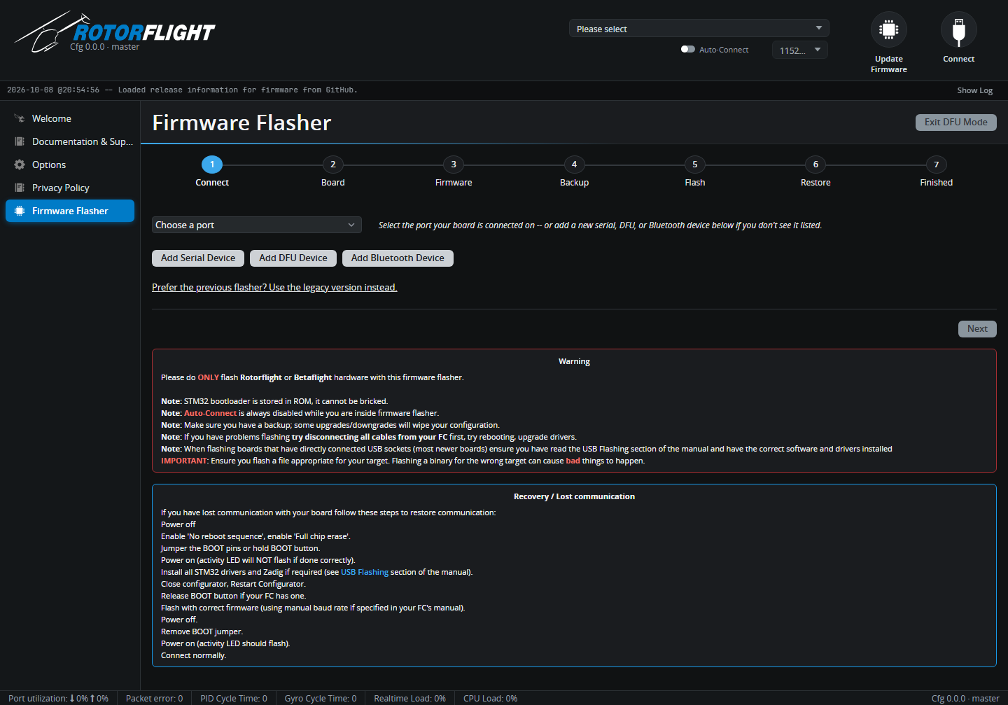 Firmware Flasher wizard on its first (Connect) step