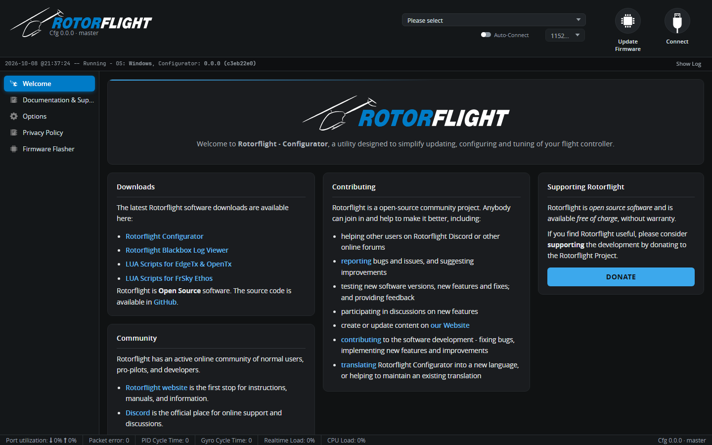 Configurator welcome screen, with the port picker and Connect button at the top right